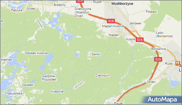 mapa Świnki gmina Modliborzyce, Świnki gmina Modliborzyce na mapie Targeo