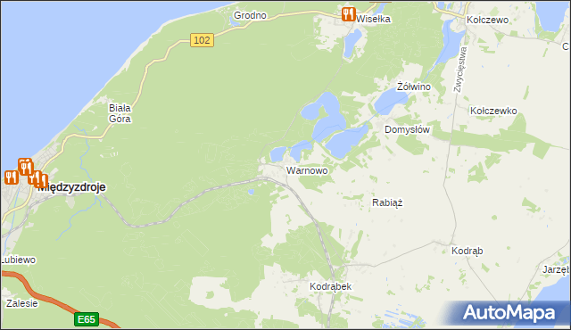 mapa Warnowo gmina Wolin, Warnowo gmina Wolin na mapie Targeo