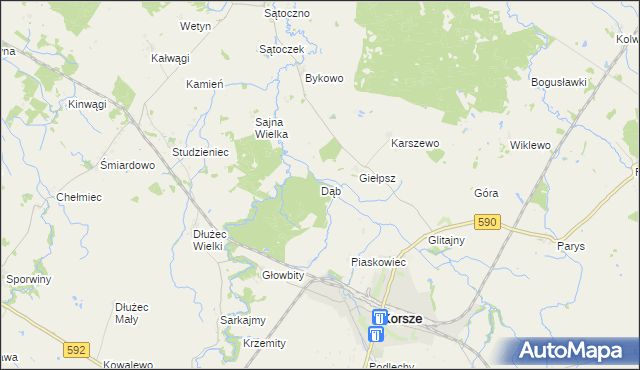mapa Dąb gmina Korsze, Dąb gmina Korsze na mapie Targeo