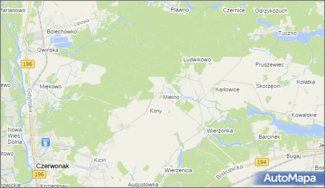 mapa Mielno gmina Czerwonak, Mielno gmina Czerwonak na mapie Targeo