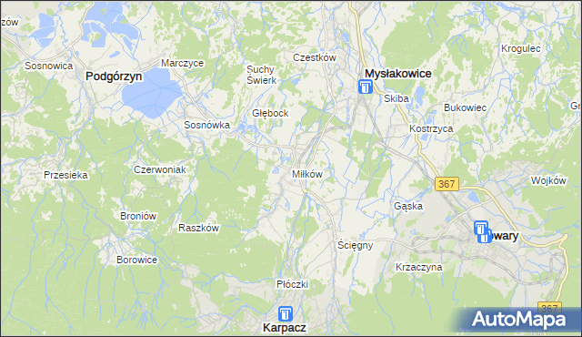 mapa Miłków gmina Podgórzyn, Miłków gmina Podgórzyn na mapie Targeo