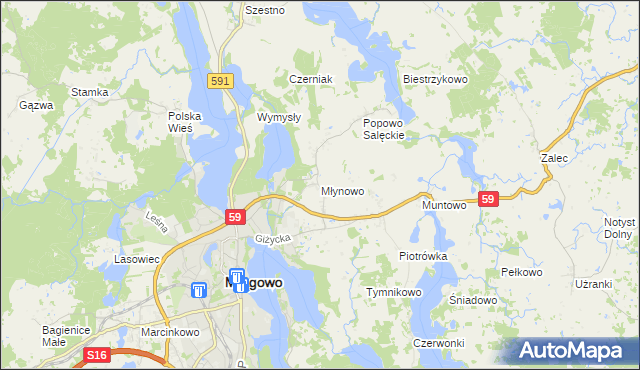 mapa Młynowo gmina Mrągowo, Młynowo gmina Mrągowo na mapie Targeo