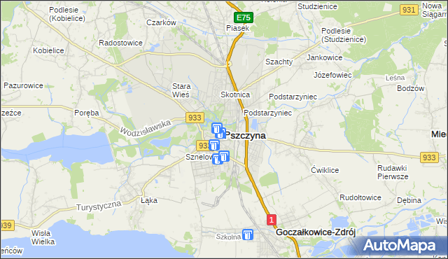 mapa Pszczyny, Pszczyna na mapie Targeo