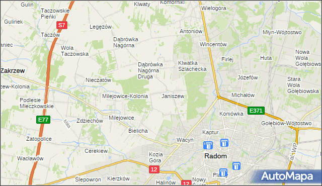 mapa Janiszew gmina Zakrzew, Janiszew gmina Zakrzew na mapie Targeo