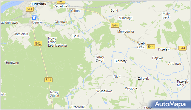 mapa Nowy Dwór gmina Lidzbark, Nowy Dwór gmina Lidzbark na mapie Targeo