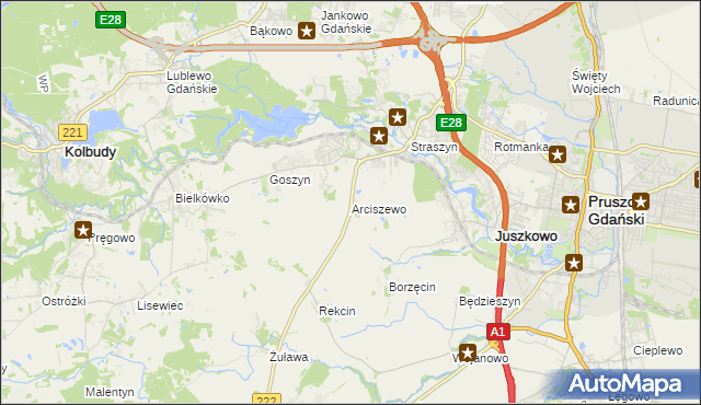 mapa Arciszewo gmina Pruszcz Gdański, Arciszewo gmina Pruszcz Gdański na mapie Targeo