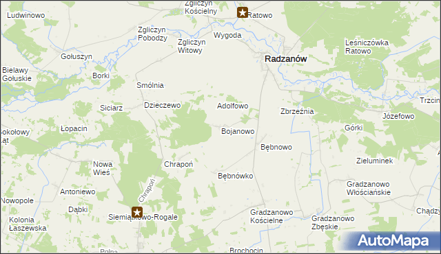 mapa Bojanowo gmina Radzanów, Bojanowo gmina Radzanów na mapie Targeo