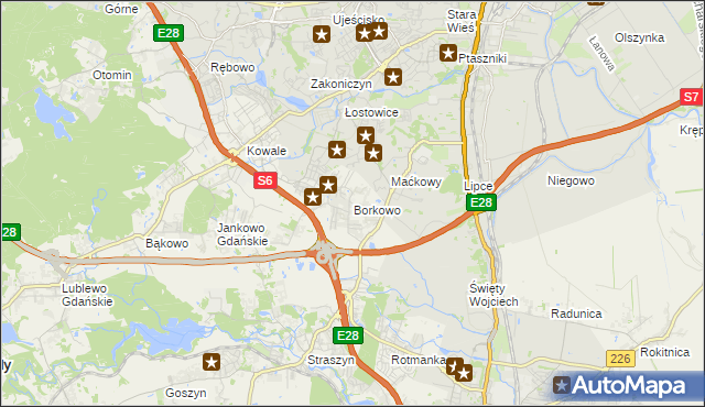 mapa Borkowo gmina Pruszcz Gdański, Borkowo gmina Pruszcz Gdański na mapie Targeo