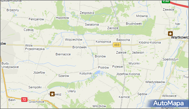 mapa Bronów gmina Wartkowice, Bronów gmina Wartkowice na mapie Targeo