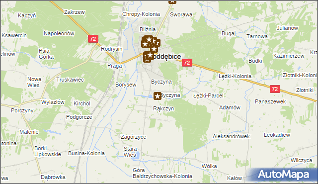 mapa Byczyna gmina Poddębice, Byczyna gmina Poddębice na mapie Targeo