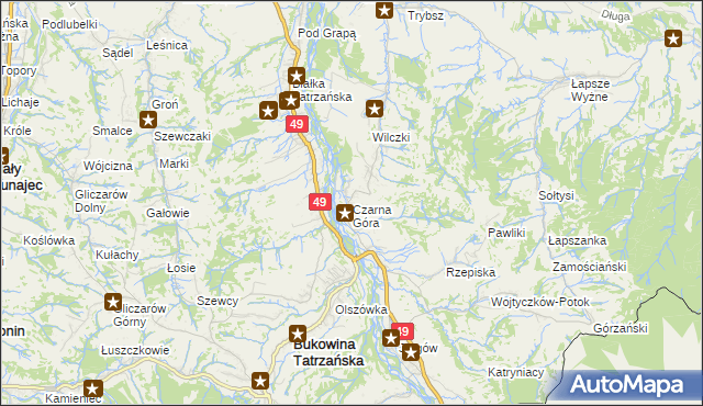 mapa Czarna Góra gmina Bukowina Tatrzańska, Czarna Góra gmina Bukowina Tatrzańska na mapie Targeo