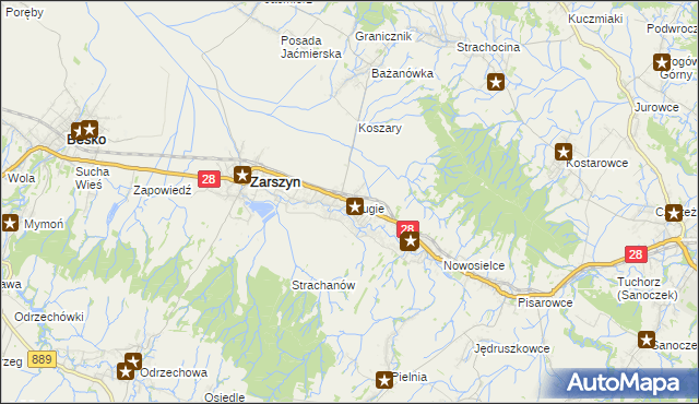 mapa Długie gmina Zarszyn, Długie gmina Zarszyn na mapie Targeo