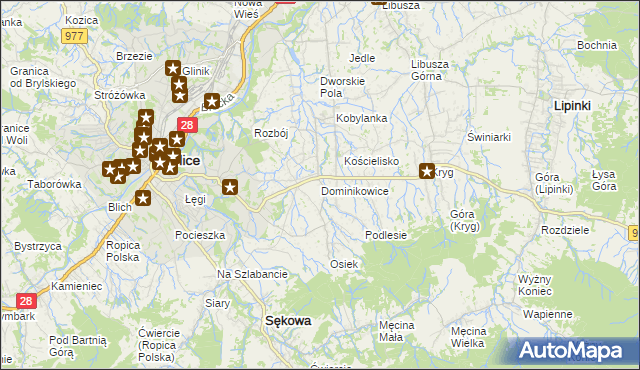 mapa Dominikowice gmina Gorlice, Dominikowice gmina Gorlice na mapie Targeo