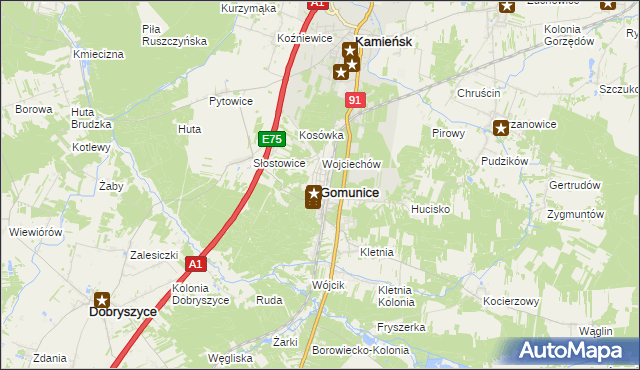 mapa Gomunice, Gomunice na mapie Targeo
