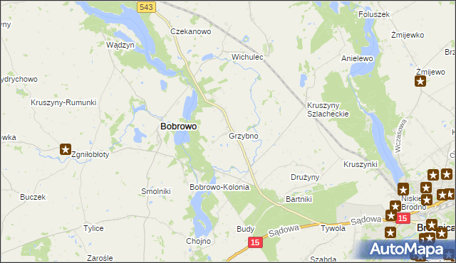 mapa Grzybno gmina Bobrowo, Grzybno gmina Bobrowo na mapie Targeo
