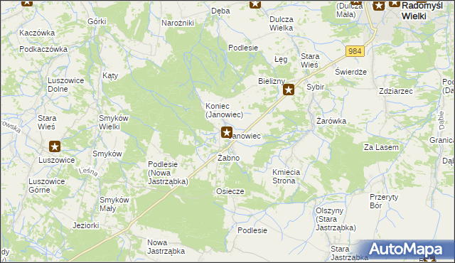 mapa Janowiec gmina Radomyśl Wielki, Janowiec gmina Radomyśl Wielki na mapie Targeo