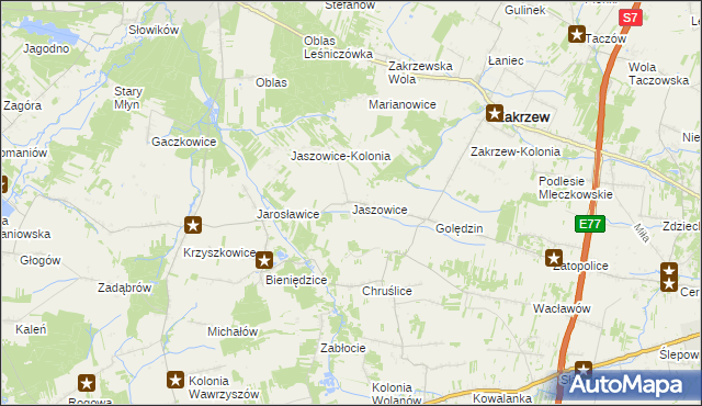 mapa Jaszowice gmina Zakrzew, Jaszowice gmina Zakrzew na mapie Targeo