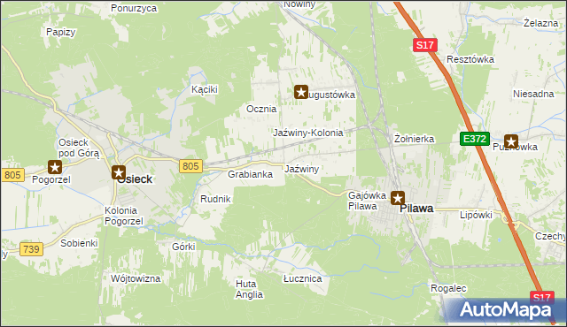 mapa Jaźwiny gmina Pilawa, Jaźwiny gmina Pilawa na mapie Targeo