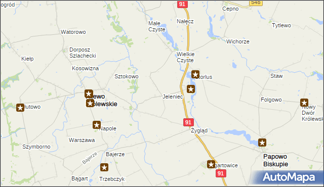 mapa Jeleniec gmina Papowo Biskupie, Jeleniec gmina Papowo Biskupie na mapie Targeo