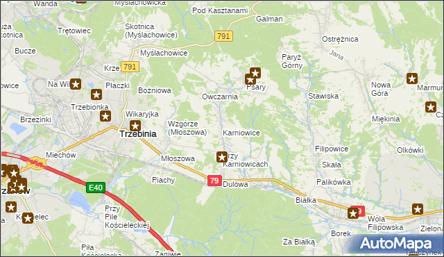 mapa Karniowice gmina Trzebinia, Karniowice gmina Trzebinia na mapie Targeo