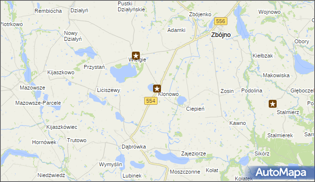 mapa Klonowo gmina Zbójno, Klonowo gmina Zbójno na mapie Targeo