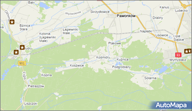 mapa Kośmidry gmina Pawonków, Kośmidry gmina Pawonków na mapie Targeo