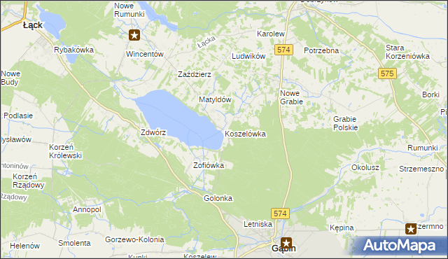 mapa Koszelówka gmina Łąck, Koszelówka gmina Łąck na mapie Targeo