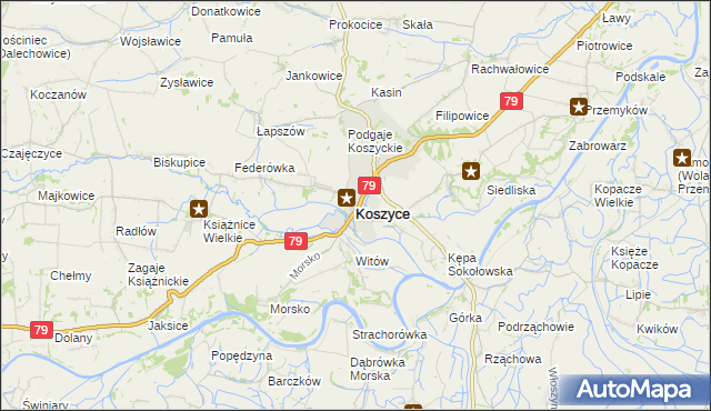 mapa Koszyce powiat proszowicki, Koszyce powiat proszowicki na mapie Targeo