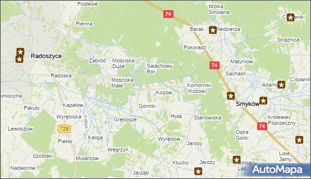 mapa Kozów gmina Smyków, Kozów gmina Smyków na mapie Targeo