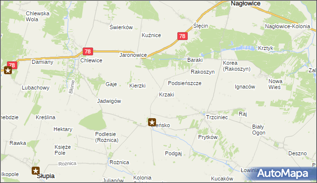 mapa Krzaki gmina Słupia, Krzaki gmina Słupia na mapie Targeo