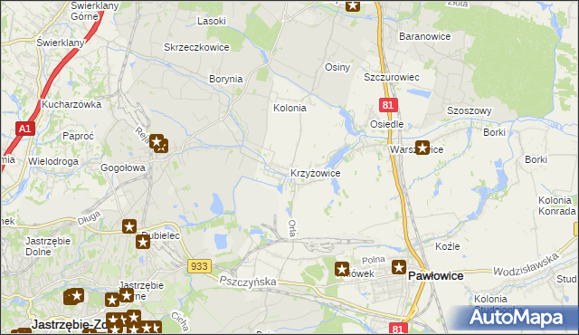 mapa Krzyżowice gmina Pawłowice, Krzyżowice gmina Pawłowice na mapie Targeo