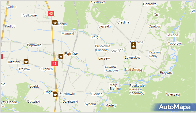 mapa Łaszew gmina Wierzchlas, Łaszew gmina Wierzchlas na mapie Targeo