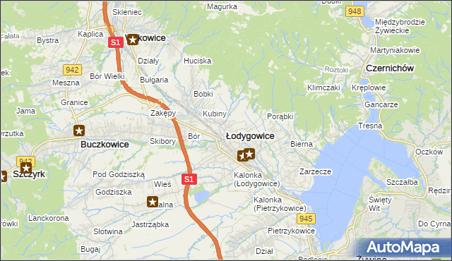 mapa Łodygowice powiat żywiecki, Łodygowice powiat żywiecki na mapie Targeo