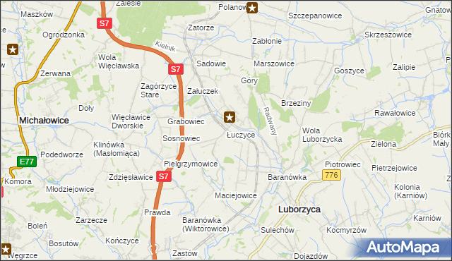 mapa Łuczyce gmina Kocmyrzów-Luborzyca, Łuczyce gmina Kocmyrzów-Luborzyca na mapie Targeo