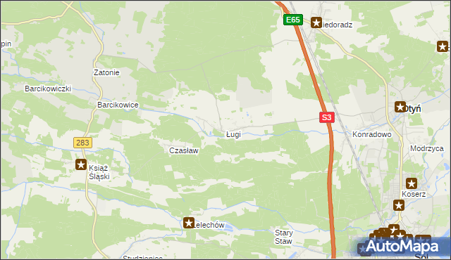 mapa Ługi gmina Otyń, Ługi gmina Otyń na mapie Targeo