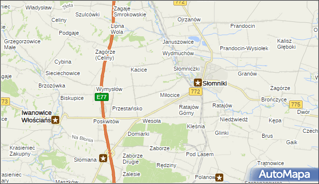 mapa Miłocice gmina Słomniki, Miłocice gmina Słomniki na mapie Targeo