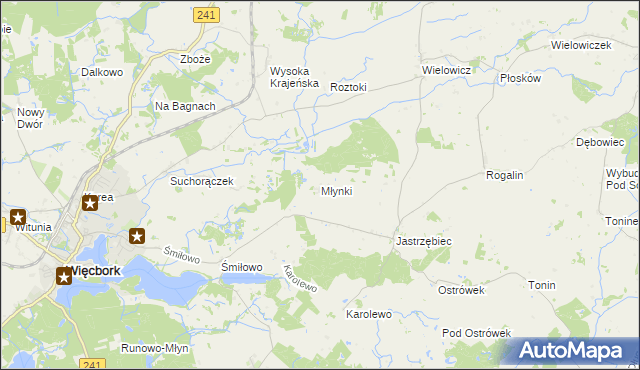 mapa Młynki gmina Więcbork, Młynki gmina Więcbork na mapie Targeo
