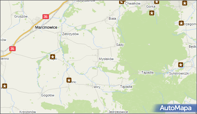 mapa Mysłaków gmina Marcinowice, Mysłaków gmina Marcinowice na mapie Targeo