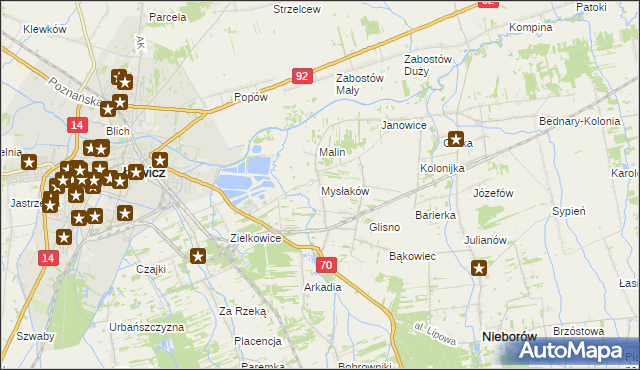 mapa Mysłaków gmina Nieborów, Mysłaków gmina Nieborów na mapie Targeo