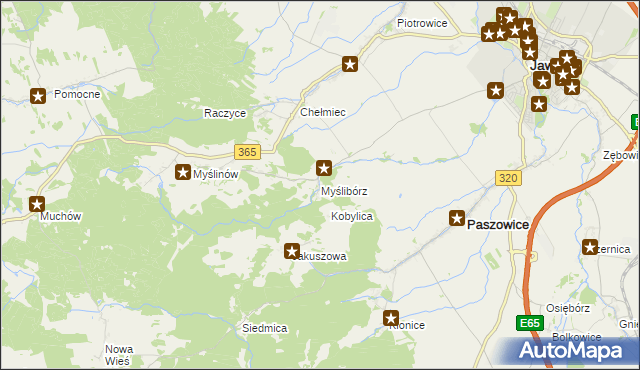 mapa Myślibórz gmina Paszowice, Myślibórz gmina Paszowice na mapie Targeo