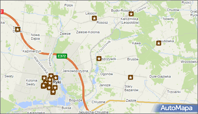 mapa Oszczywilk gmina Ryki, Oszczywilk gmina Ryki na mapie Targeo