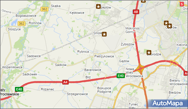 mapa Pietrzykowice gmina Kąty Wrocławskie, Pietrzykowice gmina Kąty Wrocławskie na mapie Targeo