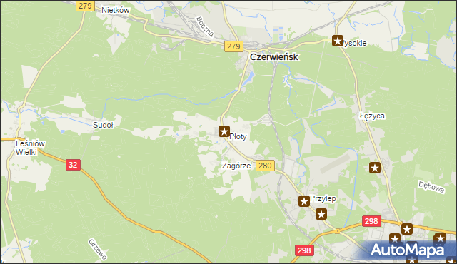 mapa Płoty gmina Czerwieńsk, Płoty gmina Czerwieńsk na mapie Targeo