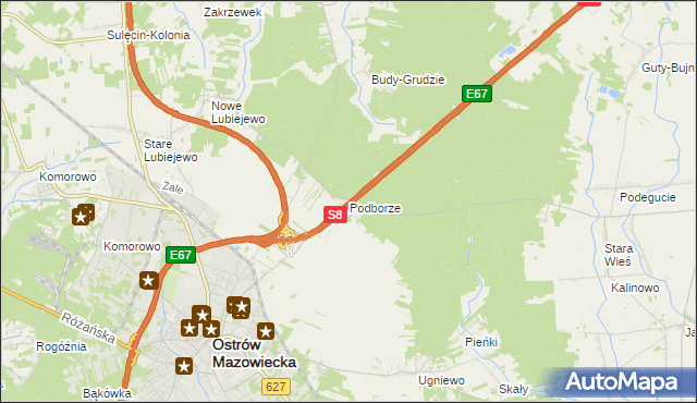 mapa Podborze gmina Ostrów Mazowiecka, Podborze gmina Ostrów Mazowiecka na mapie Targeo