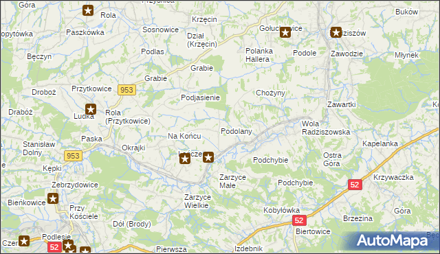 mapa Podolany gmina Kalwaria Zebrzydowska, Podolany gmina Kalwaria Zebrzydowska na mapie Targeo