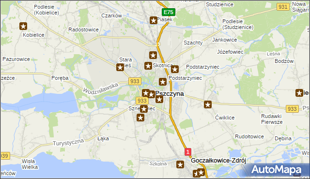 mapa Pszczyny, Pszczyna na mapie Targeo