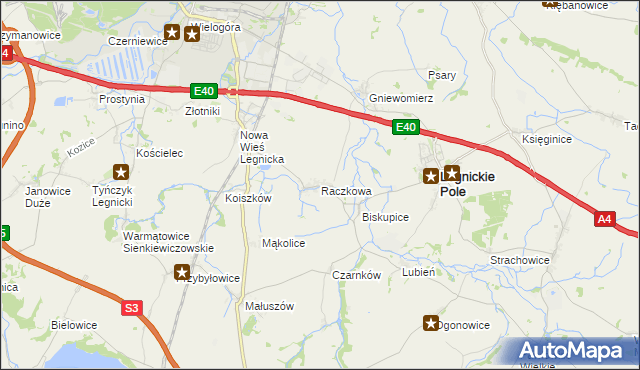 mapa Raczkowa gmina Legnickie Pole, Raczkowa gmina Legnickie Pole na mapie Targeo