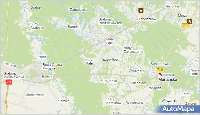mapa Radziwiłłów gmina Puszcza Mariańska, Radziwiłłów gmina Puszcza Mariańska na mapie Targeo