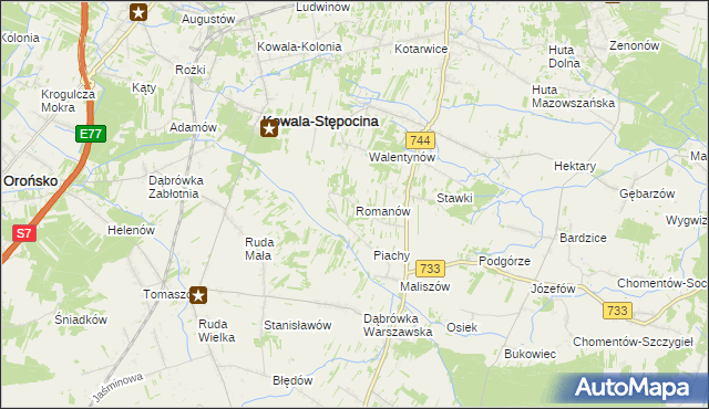mapa Romanów gmina Kowala, Romanów gmina Kowala na mapie Targeo