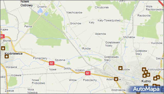 mapa Ryków gmina Kutno, Ryków gmina Kutno na mapie Targeo